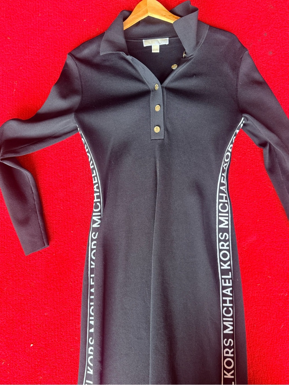 Michael Kors Black Long-Sleeve Polo Dress with Branded Side Tape